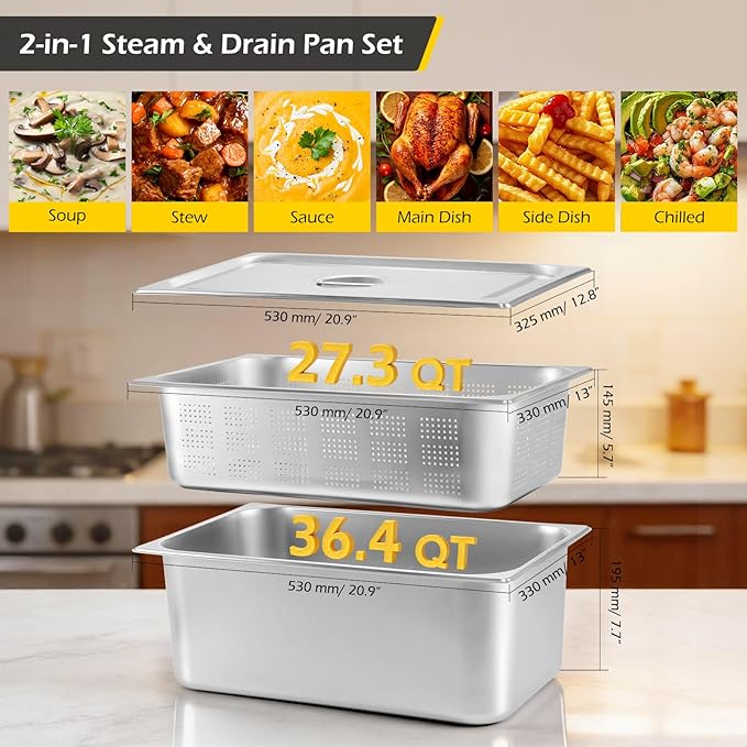 Dyna-Living 3 Pack Full Size 6 Inch 8 Inch Hotel Pan Perforated Steam Table Pans with Lid Stainless Steel Chafing Dish Pans Commercial Food Pan for Catering Buffet Hotel Home Restaurant Supplies