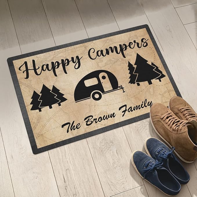 Personalized Happy Campers Doormat - Custom Family Name and Rv Camping Door Mat Accessories for Inside Outside Campsite Decor Travel Trailers Decorative Gift Welcome Motorhome Rugs 16 x 24 inches