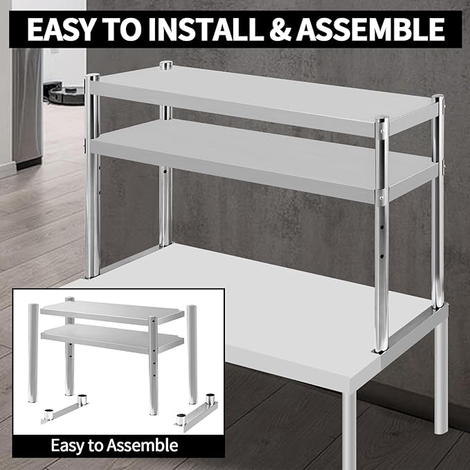 Stainless Steel Double Overshelf 60''L x 12''W Commercial 2 Tier Overshelf Height Adjustable Overshelf for Prep Work Table in Kitchen Restaurant