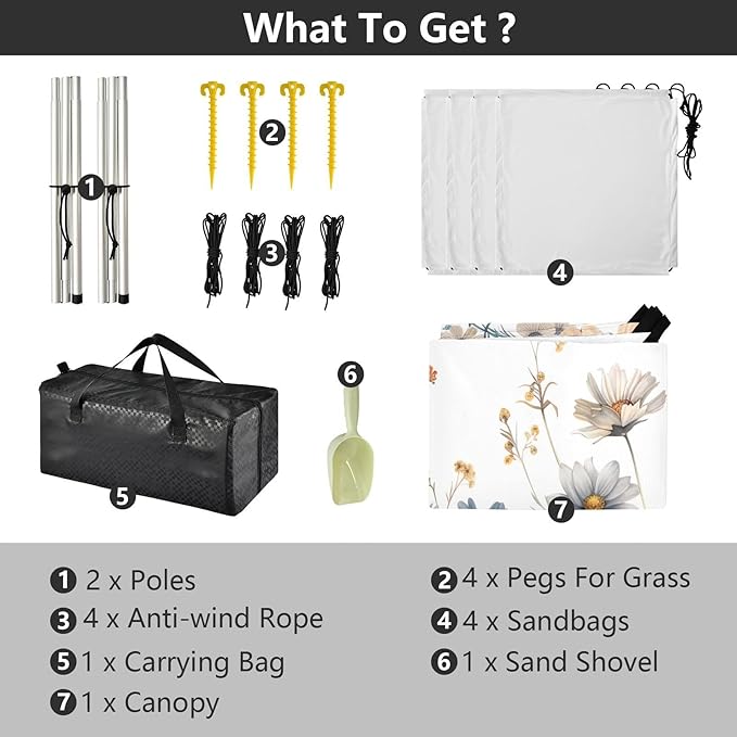 Wildflowers Pattern Beach Tent Sun Shelter 9.2' x 10.5' Beach Canopy with 4 Sandbags 4 Stability Poles Sand Shovels - Tent Canopy for Beach Camping Fishing Picnics