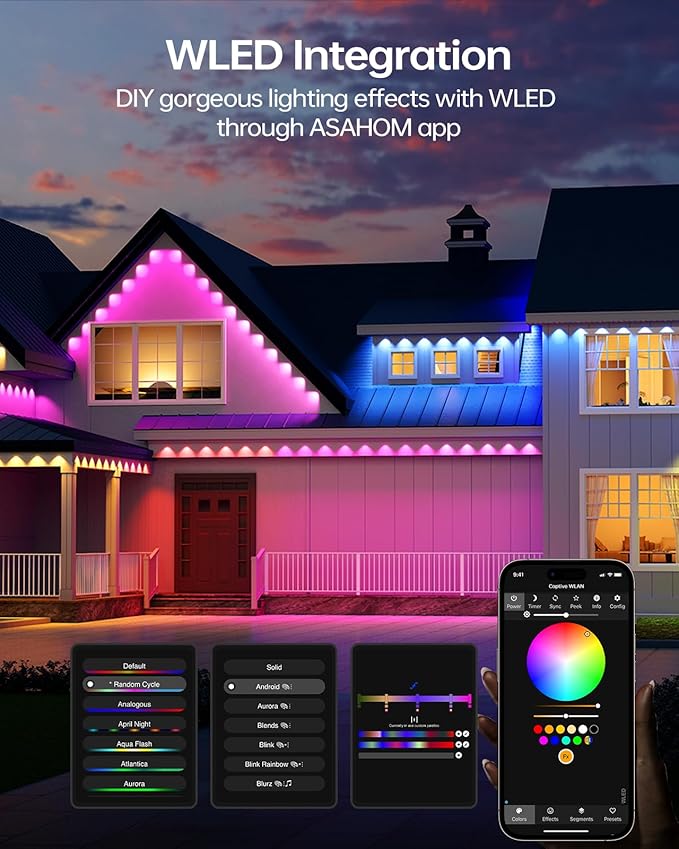 ASAHOM Permanent Outdoor Lights Pro S108D 200FT with 144 RGBCW LED Lights WLED Integrated AI Lighting 30000 Dynamic Effect IP67 Waterproof for Easter Holiday Outdoor Decor Daily Lighting Black