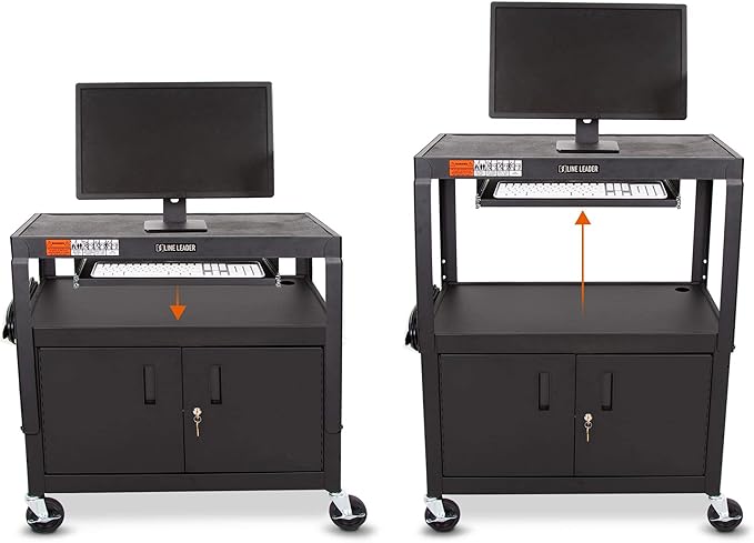 Line Leader Large AV Cart with Locking Cabinet | Height Adjustable Utility Cart with Pullout Keyboard Tray &amp Cord Management | UL Safety-Certified Computer Cart | Easy Assembly (32 x 18 x 42in)