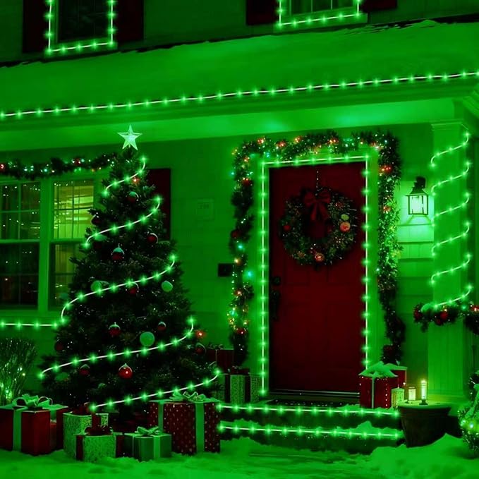 YEGUO Solar Christmas Light Outdoor Waterproof 66ft 200 LED Green Rope Lights 8 Modes Tube String Lights in Clear Thin Tube