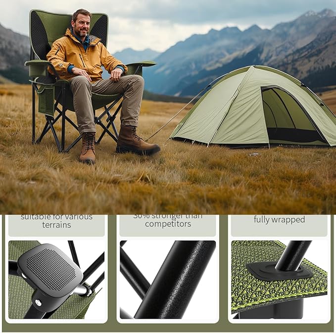 Heavy Duty Folding Chair 500LB Capacity Oversized Camping Chairs with Cup Holder Cooler Bag &amp Storage Pouch Double-Layer Fabric Outdoor Chairs for Sports Lawn Chairs (2 Black Green Oversize