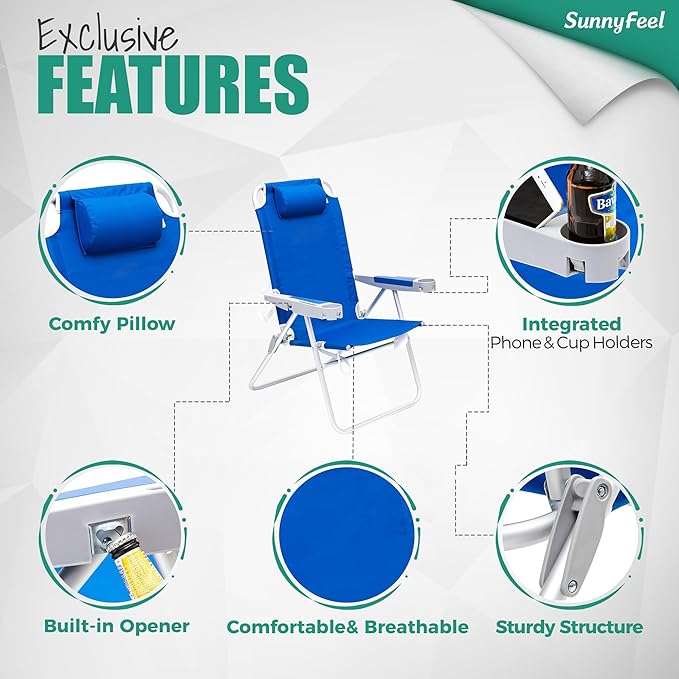 SUNNYFEEL 17 Tall Oversized Beach Chairs 2 Pack for Adults Heavy Duty 500 LBS 5 Position Portable High Folding Camping Chair with Cup Holder for Outdoor/Lawn/Trip Foldable Sand Chairs for Adults