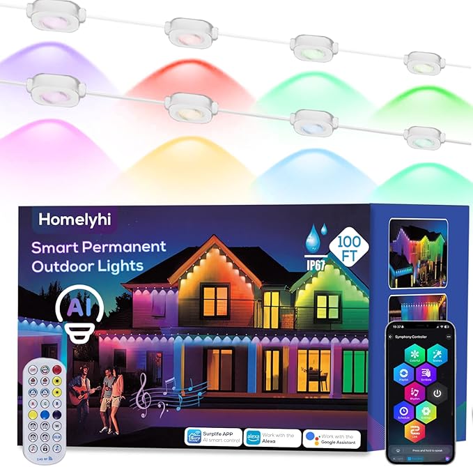 Permanent Outdoor Lights for House 100ft AI Smart Eave Lights with 60 LED Lights 66 Scene Modes with App/Remote Control for Christmas Decor IP67 Waterproof Compatible with Alexa Google Assistant