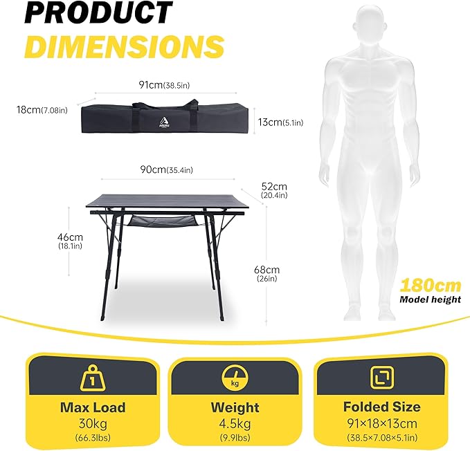 Portable Camping Table with Adjustable Hight Legs Lightweight Aluminum Folding Beach Table with Mesh NetCarrying Bag for Outdoor Cooking Picnic Beach Backyards BBQ and Party