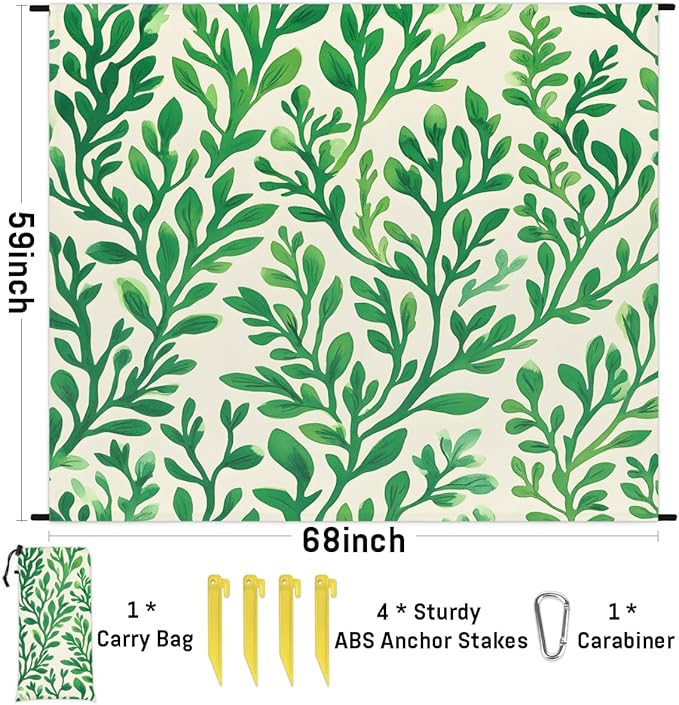 Waterproof Sandproof Beach Blanket 59''×68'' Bouquet Leaves Polyester Outdoor Picnic Blanket with 4 Stakes &amp Storage Bag for BeachCampingVacation Green
