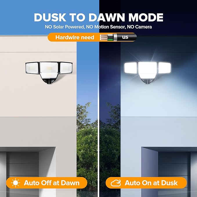LUTEC 80W Dusk to Dawn Flood Lights Outdoor 9000LM Super Bright LED Security Light with Photocell IP65 Waterproof 5000K Daylight Hardwired 4 Heads Floodlight for Garage Yard (Black)