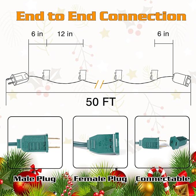 50FT C9 Light String Christmas Stringer E17 Light Sockets 12 Spacing C9 Stringer Set Green Outdoor String Lights Strand for Wedding Patio Event Lighting Decor Green Wire