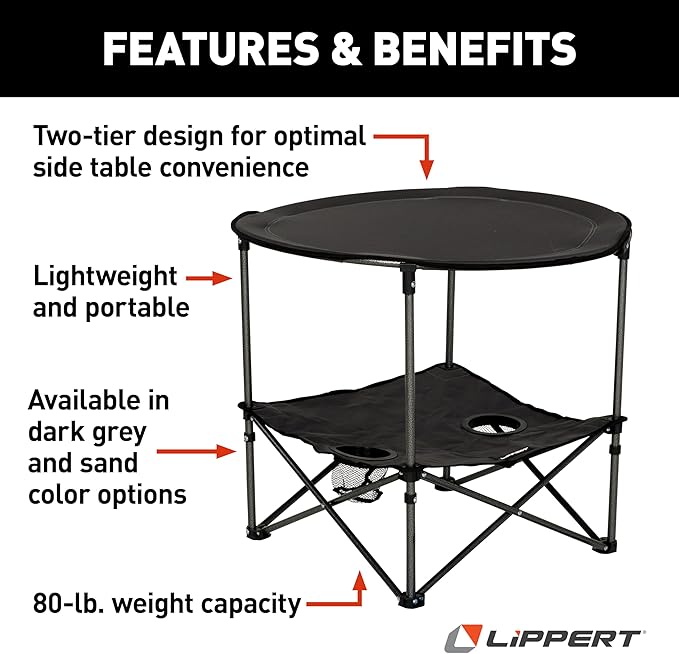Lippert Dark Grey Two-Tier Folding Camping Table with Dual Cupholders 600D Polyester Fabric Powder-Coated Steel Frame Foldable Design Lightweight Construction Zippered Carry Bag - 2023053720