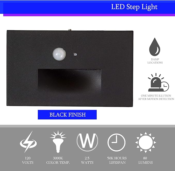 Ciata Modern Non-Dimmable LED Step Light with Motion Sensor 120V AC 80 Lumens Black Indoor/Outdoor Aluminum