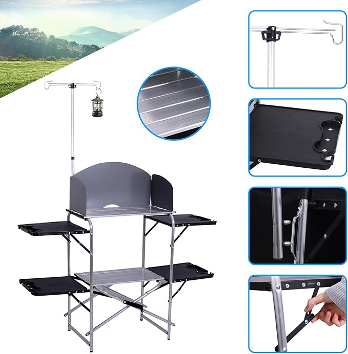 Nice C Camping Kitchen Station Camping Table Picnic Table Grill Table Folding Table Upgrade Light Stand and Windshield Cooking Station &amp Organizers Carry Bag for Beach Picnic (Silver/Black)