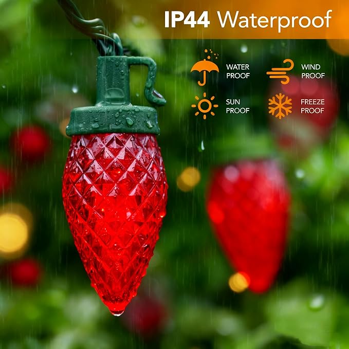 C9 LED Christmas Lights Outdoor33 Feet 50 LED 8 Lighting Modes Waterproof Connectable Christmas String Lights for Outside Roofline Patio Home Xmas Decorations (Red)