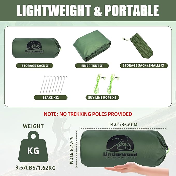 2-Person Trekking Pole Tent for Backpacking - Ultralight 2 Person Backpacking Tent Lightweight Waterproof Two Person A-Frame Hiking Shelter for Outdoor Camping Scouts Trekkers (No Poles)