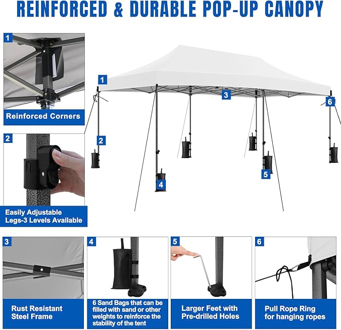 Yesker 10x20 Pop Up Canopy Tent with Sidewalls Instant Outdoor Canopy Waterproof &amp UV Protection Easy Setup Adjustable Height Heavy Duty Shelter Gazebo Tent for Patio Backyard Party Events Whit