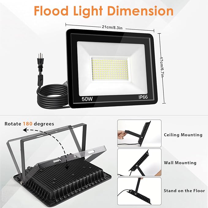 50W LED Flood Light Outdoor 6500K Daylight White7000LM Super Brighter LED Work LightIP66 Waterproof Security Light with Switch and Plug for Garage Garden Yard Stadium 2Pack