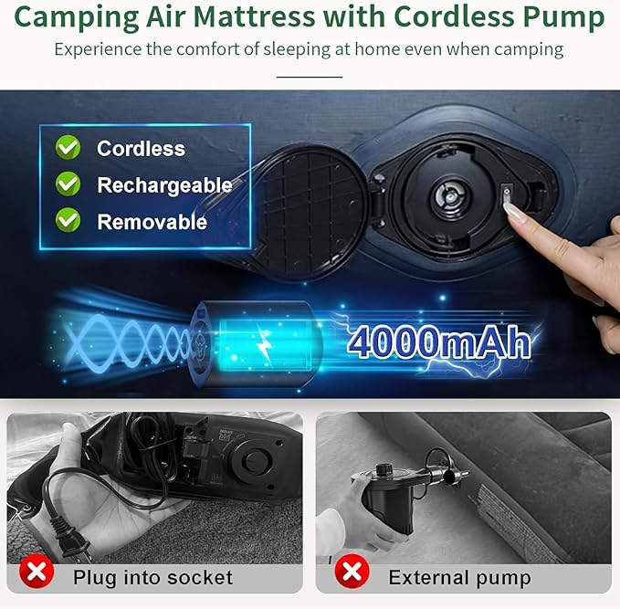 AYAMAYA Queen Camping Air Mattress with Built-In &amp Detachable Electric Pump -Portable 16 Inch Luxury Double High Inflatable AirbedSelf Inflating Air MattressNo Power Outlet Needed for Camping &a