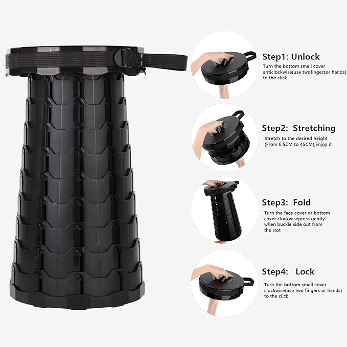 Telescopic Stool Portable &amp Collapsible Sturdy Foldable with Cushion &amp Carry Bag 550lbs Load Capacity Indoor &amp Outdoor Retractable Camping Stool (Black)