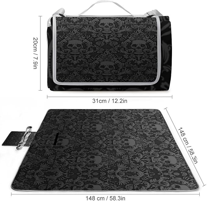 Gothic Skulls Damask Style Black White Waterproof Outdoor Picnic Blanket Sandproof Beach Mat for Camping Hiking Grass Travelling