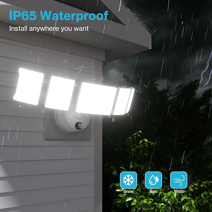 Olafus 100W Dusk to Dawn Flood Lights Outdoor 10000LM 5 Heads LED Security Light with Remote IP65 Waterproof 6500K Exterior Floodlight for Yard Garage Garden White