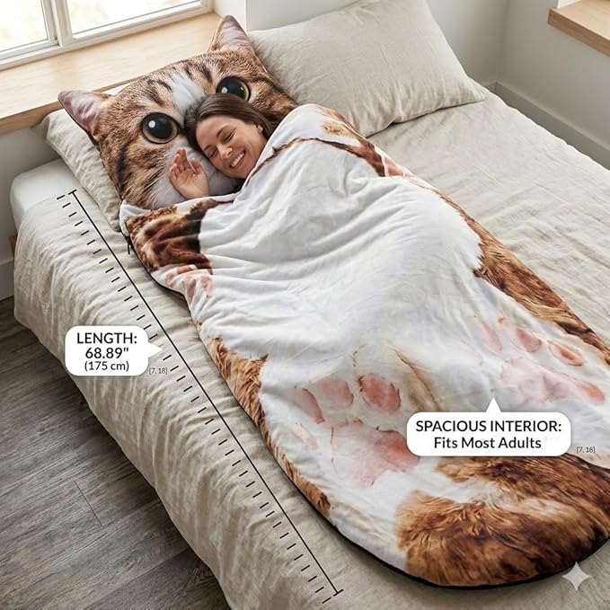 Extra Large Cat Sleeping Bags68.9x31.5 Inch Cat Sleeping Bag for HumansFluffy Cats Sleepings BagsWashable Warm Animal Sleepings Bag for Adults for Camping and Home Lounging