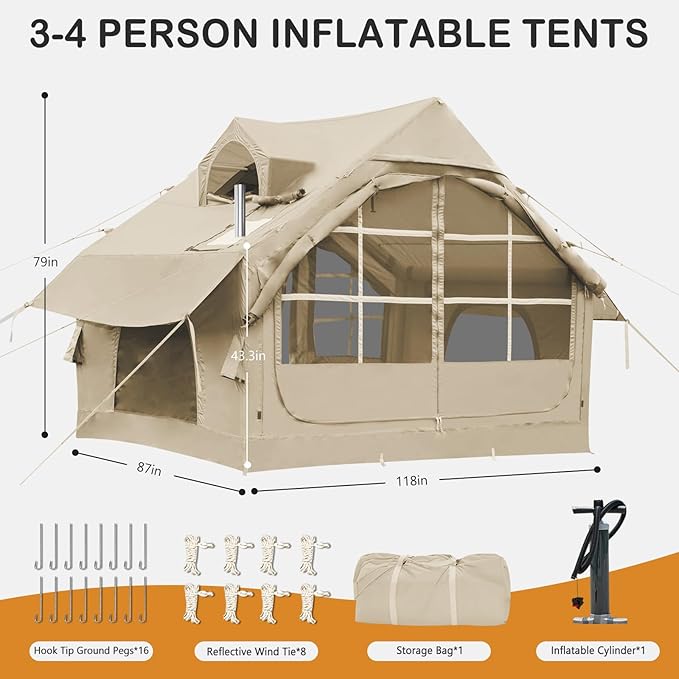 Inflatable Tents with Hand Pump Hot Tent with Stove Jack Easy Blow Up Glamping Tent with Mesh Windows 4-6 Person Instant Family Camping Tents Waterproof for 4 Seasons
