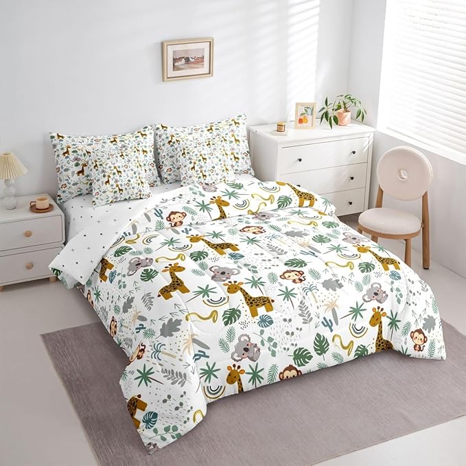 Cute Giraffe Monkey Comforter Set with SheetsPillowcases &amp Cushion Cover Zoo Animal 7 Piece Bedding Set for Kids Boys Girls Teens Room Decor Cartoon Animal Bed in a Bag Full Size Wildlife Microfi