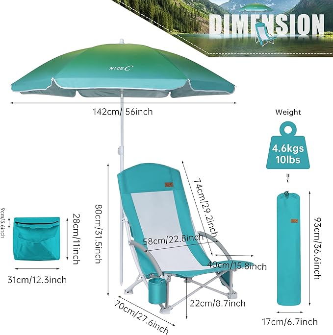 Nice C Beach Chair Sand Chair Lake Chairs for Adults with Umbrella and Cooler Low Beach Chairs High Back Cup Holder &amp Carry Bag &amp Heavy Duty Compact Outdoor Camping (Set of 2 Blue)
