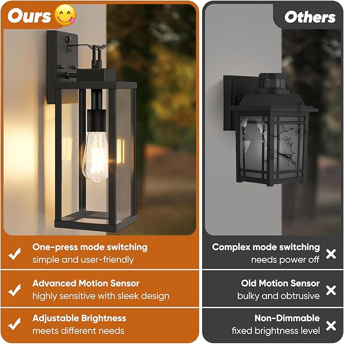 BesLowe 16” Upgraded Motion Sensor Outdoor Wall Lights Dusk to Dawn Porch Lights Outdoor Wall Sconces 3 Lighting Modes Exterior Lighting Fixtures with Hooks Black Outside Lights for House 2-Pack