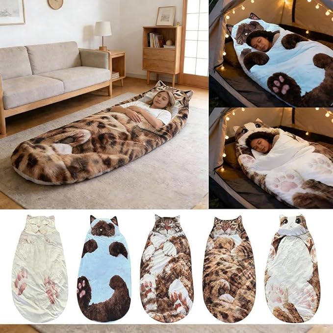Fluffy Cat Sleeping Bag for Adults Soft 68.9×31.5 Inch Adorable Envelope Sleeping Bag Washable Warm Blanket for Camping and Home Lounging