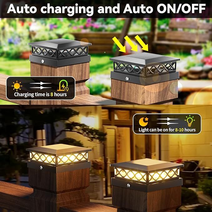 8 Packs Solar Post Cap Lights for Fence and Deck – Auto On/Off Outdoor Lighting 2 Color Modes with 16 LEDs Fits 4x4 5x5 6x6 Posts (Black)