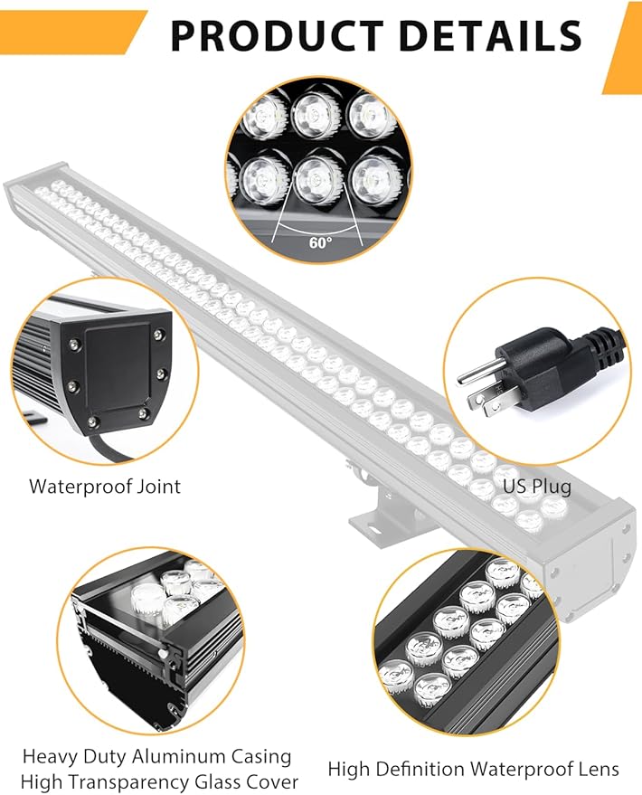 72W 7920LM Super Bright LED Wall Washer Light Bars 6000K Daylight White IP67 Waterproof Heavy Duty 120V Outdoor LED Linear Lights Bar with On/Off Switch for Landscape Building (40 Inch)