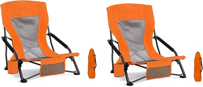 Outdoor Beach Chair for Adults Set of 2 PCS Portable Lightweight Low Back Sling Chair with Cup Holder 300lbs Capacity Camping Chair for Patio Lawn Concert Travel (Orange)