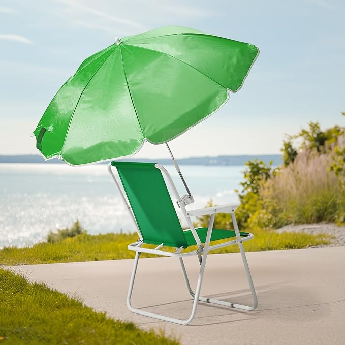 Folding Beach Chair with Umbrella Portable Heavy Duty Camping Chair for Adults Lightweight High Back Chair with Detachable Sun Shade Supports 265lbs for Beach Park Travel Outdoor (Green)