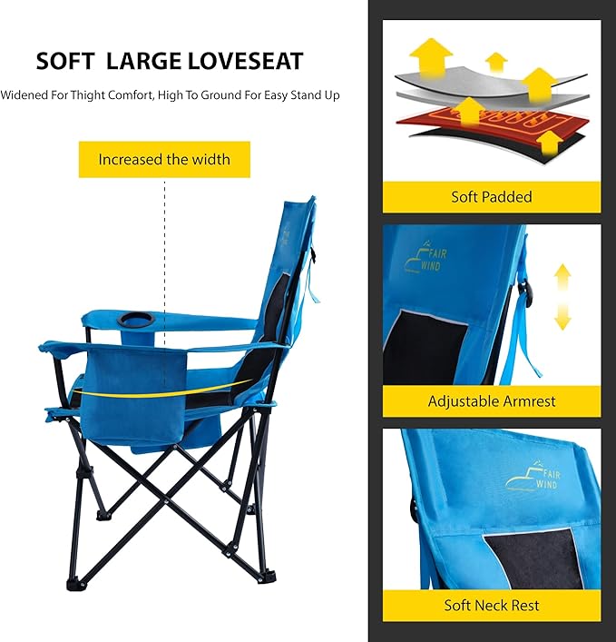 FAIR WIND Oversized Padded Camping Chair with Footrest Stool Heavy Duty Cooler Bag Chair for Fishing Tailgating Sports Games Backyard - Support 300 LBS Blue