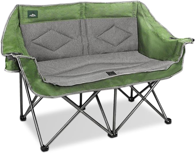 Northroad Folding Loveseat Camping Chair Portable Double Duo Full Padded Garden Chair for 2 Person Sofa w/ 2 Cup HolderWine Glass HolderMesh StorageSupport 600lbs for Picnic Beach Travel (Green)