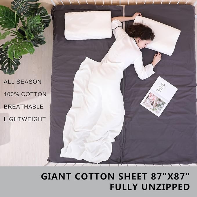 100% Cotton Sleeping Bag Liner with Full Length Zipper on 3 Sides Single/Double Adult Sleep Sack for Travel &amp Camping Multifunctional Travel Sheets (Unzipped 87”x87”) for Hotel Lightweight