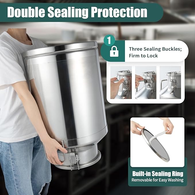Stainless Steel Milk Can 60L/15.85Gal Metal Airtight Canister Food Storage Container with Lid &amp Clamps Bean Rice Cereal Storage Bucket for Kitchen Restaurant W14.8*H24.6in