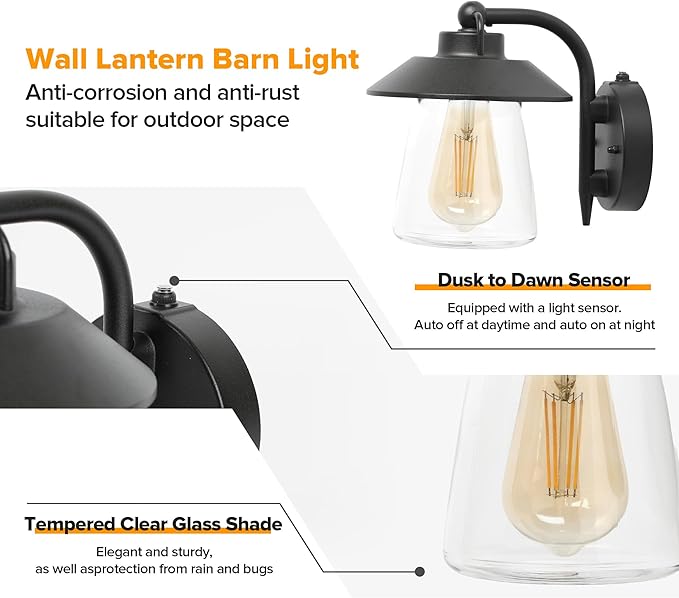 LUTEC 2 Pack Dusk to Dawn Outdoor Indoor Exterior Light Fixture Farmhouse Barn Wall Sconce Matte Black Finish Anti-Rust Wall Mount Light Waterproof Wall lamp with Clear Glass for Porch Patio