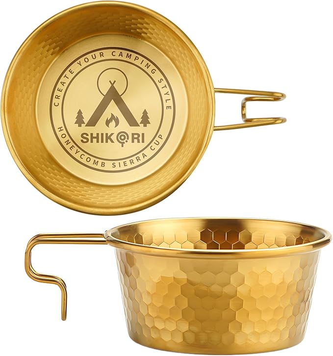 Camping Sierra Cup Set fo 2 304 Stainless Steel Stackable Portable 450ML Sierra Bowl Cup for Camping and Hiking With Free Travel Bag (Gold)