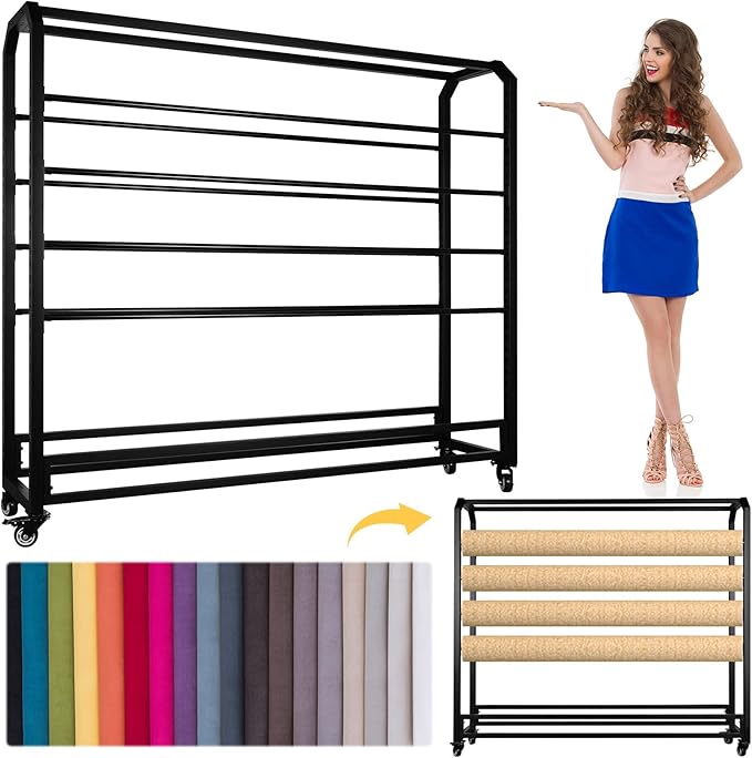 Fabric Roll Storage Rack with Wheel Adjustable Hanging Rod Bracket Display Shelf