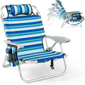 Goplus Beach Chair 330lbs Folding Backpack Chairs for Adults with 4-Position Backrest Storage Pockets Towel Bar &amp Headrest Foldable Low Beach Lounge Portable Aluminum Lay Flat Camping Chair