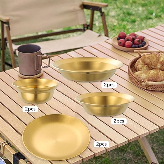 Stainless Steel Plates and Bowls Outdoor Tableware Insulated Metal Bowls Camping Utensils Dinnerware Set for Picnic BBQ Beach- 8pcs Gold