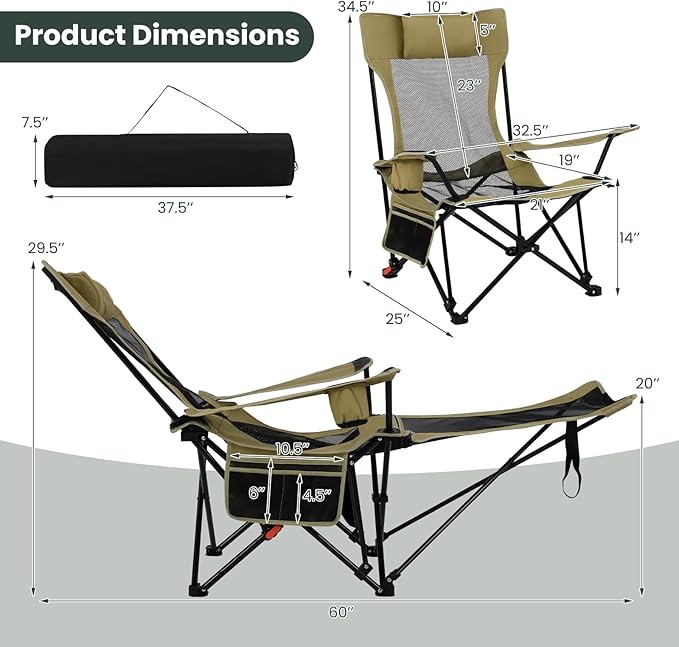 Tangkula Reclining Camping Chair 2 in 1 Porable Folding Lawn Chair with Removable Footrest 4-Position Adjustable Backrest Cup Holder &amp Side Pocket Carry Bag (2 Green)