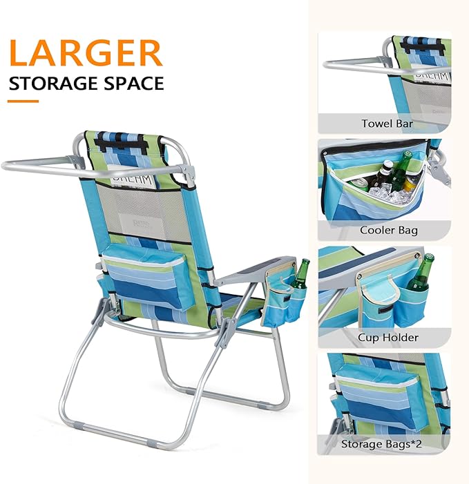 VINGLI 2 Pack Tall Beach Chair 16 with 5-Position Cooler Bag Cup Holders Towel Bar Lightweight Folding Beach Camping Chairs for Adults
