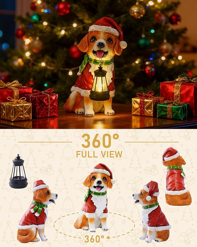 Christmas Dog Garden Statue with Solar Lantern – Santa Dog Figurine in Red Coat &amp Hat Outdoor Christmas Yard &amp Porch Decorations Balcony &amp Lawn Decor for Dog Lovers