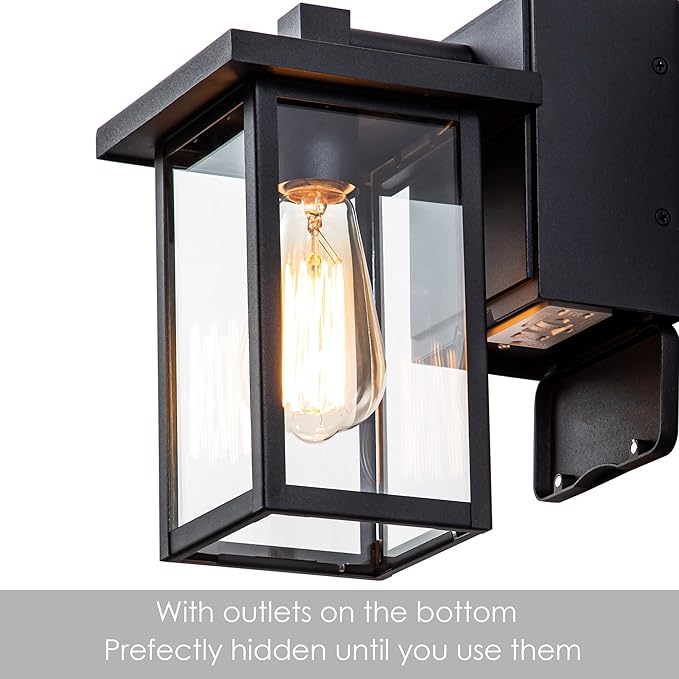 Porch Lights with GFCI Outlet Black Outdoor Light Wall Mount Waterproof Exterior Light Fixture with Outlet Wall Sconce for House Garage Patio