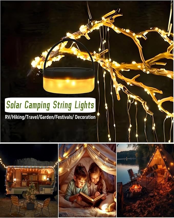 Solar Camping String Lights 39.4 FT Fairy String Light 4 in 1 Portable Waterproof Camp Lamp with 8 Lighting Modes Hanging Rechargeable Tent Lantern for Christmas Decorations Patio Party Essentials