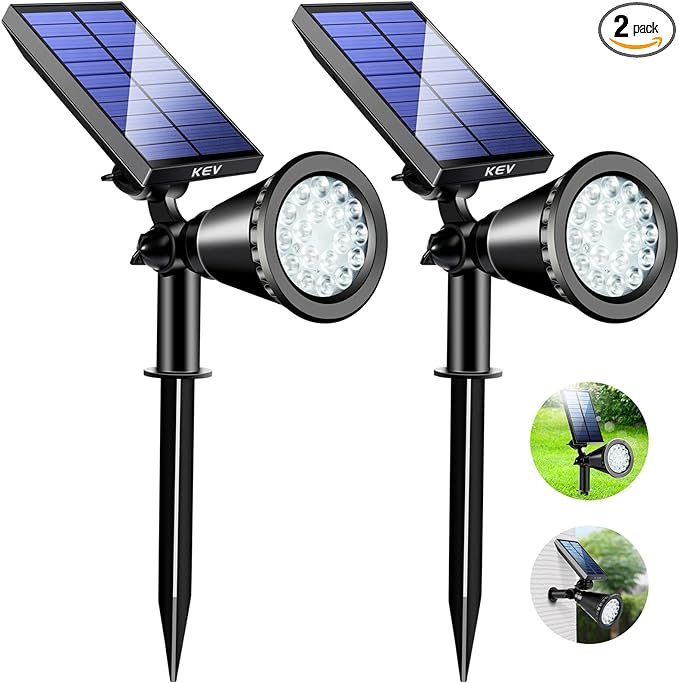 KEV 800 Lumens Solar Spot Lights Outdoor18 LEDs Solar Flood Lights with 2 Modes &ampAdjustable &ampIPX65 WaterproofSolar Spotlight for Driveway/Backyard/Patio Landscape/Tree/Garage(Cool White 2 P